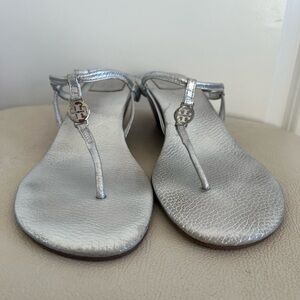 Tory Burch Emmy Silver Leather Wedge Ankle Strap Sandals Women’s Size